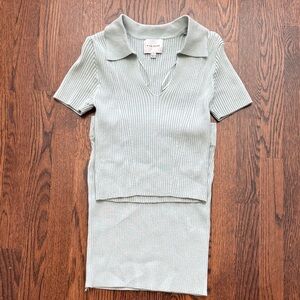🎈🎈PINK  ROSE Ribbed Knit Polo Shir/ Skirt Set- Mint Green